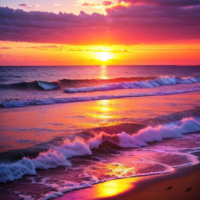 A brilliant sunset at the ocean with purple, pink, orange sunlight