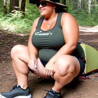 Dat woman chubby cargo shorts white tank camping