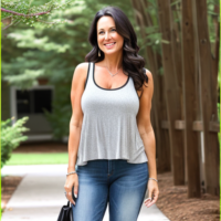 Dark hair dark features 45 year old woman mom jeans tank top thick