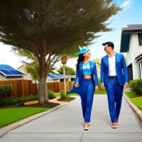 Create solar sales people that are wearing shark costumes. Show them walking down a residential street with homes with solar panels. Make it hyper realistic.