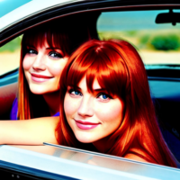 Two girls with straight hair and bangs one is a redhead and one is a blonde. They are driving rig in a thelma and Louise convertible. Close up shot of faces. One girl has blonde hair