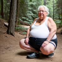 White Woman white hair 90 year old elderly fat chubby cargo shorts white tank camping