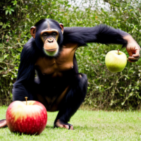 A large chimp throwing apples