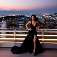 A model elegantly poses on the luxurious rooftop of a Swiss hotel at night, overlooking the city skyline. She wears a stunning red long dress with vintage drop waist silhouette, accentuated with black details, radiating glamour. Her sleek, contemporary hairstyle complements her sophisticated look, while her makeup enhances her features. The scene is illuminated by city lights, creating a romantic ambiance.