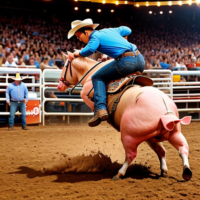 A pig bucking a cowboy off of him at a rodeo