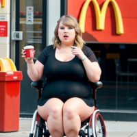 Taylor Swift obese in a wheelchair eating MacDonalds cheeseburger