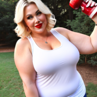 45 year old mom fat chubby blonde white tank top big arms bbw red lipstick