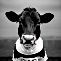 Black and white picture of a cow wearing a t-shirt that say cow tee.