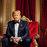 Donald J. Trump, masterpiece, 8k, hyperrealistic portrait, detailed face, detailed skin, photography, hq, photorealistic, King, emperor, 2100’s, 22th century, red, throne room, Royal black, Armor, medals