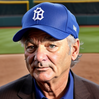 bill murray a blue baseball hat and blue shirt