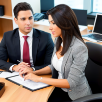 female attorney with brunette hair giving a free consultation to a male client in an office setting.