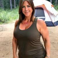 White 45 year old woman long strait light brown hair cargo pants tank top REI big nose double chin arm freckles jenifer Aniston hair camping