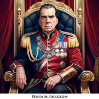 Richard M. Nixon, Age 29, masterpiece, 8k, hyperrealistic portrait, detailed face, detailed skin, photography, hq, photorealistic, King, emperor, 2300’s, 24th century, red, throne room, Royal black, Armor, medals, United States Navy,